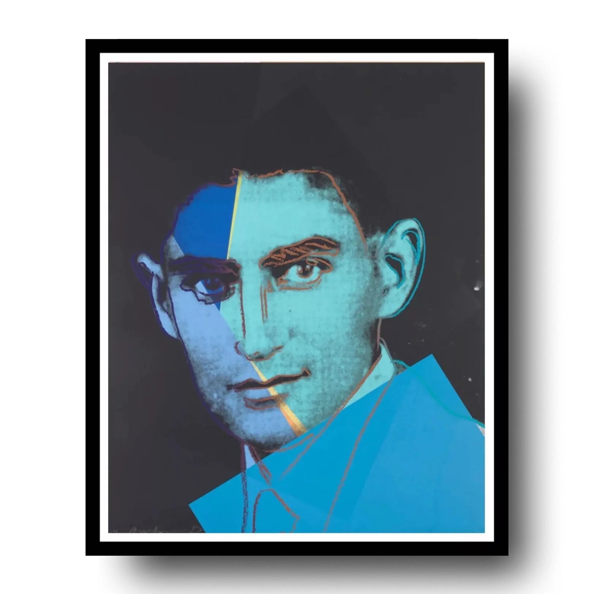 Framed Andy Warhol artwork of a stylized portrait with of Franz Kafka blue and black color scheme.